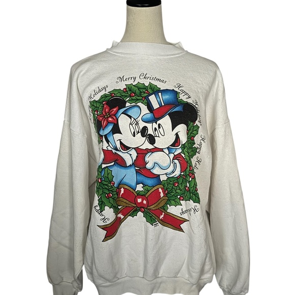 White Vintage Christmas Sweatshirt with Mickey and Minnie - Picture 1 of 4